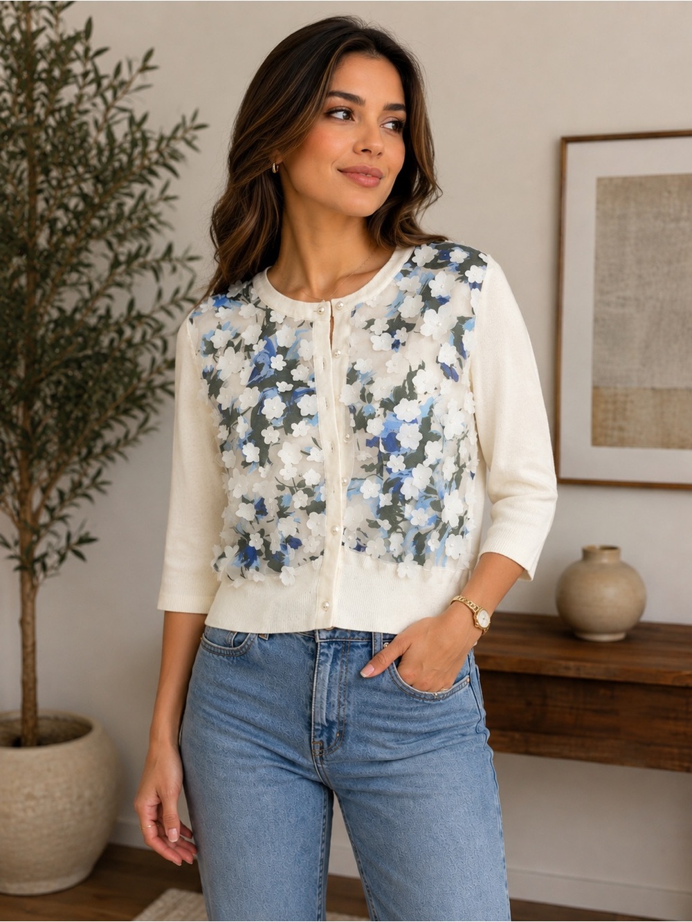 Karl Lagerfeld✨ White-Floral 3/4 Cardigan Sweater size SP